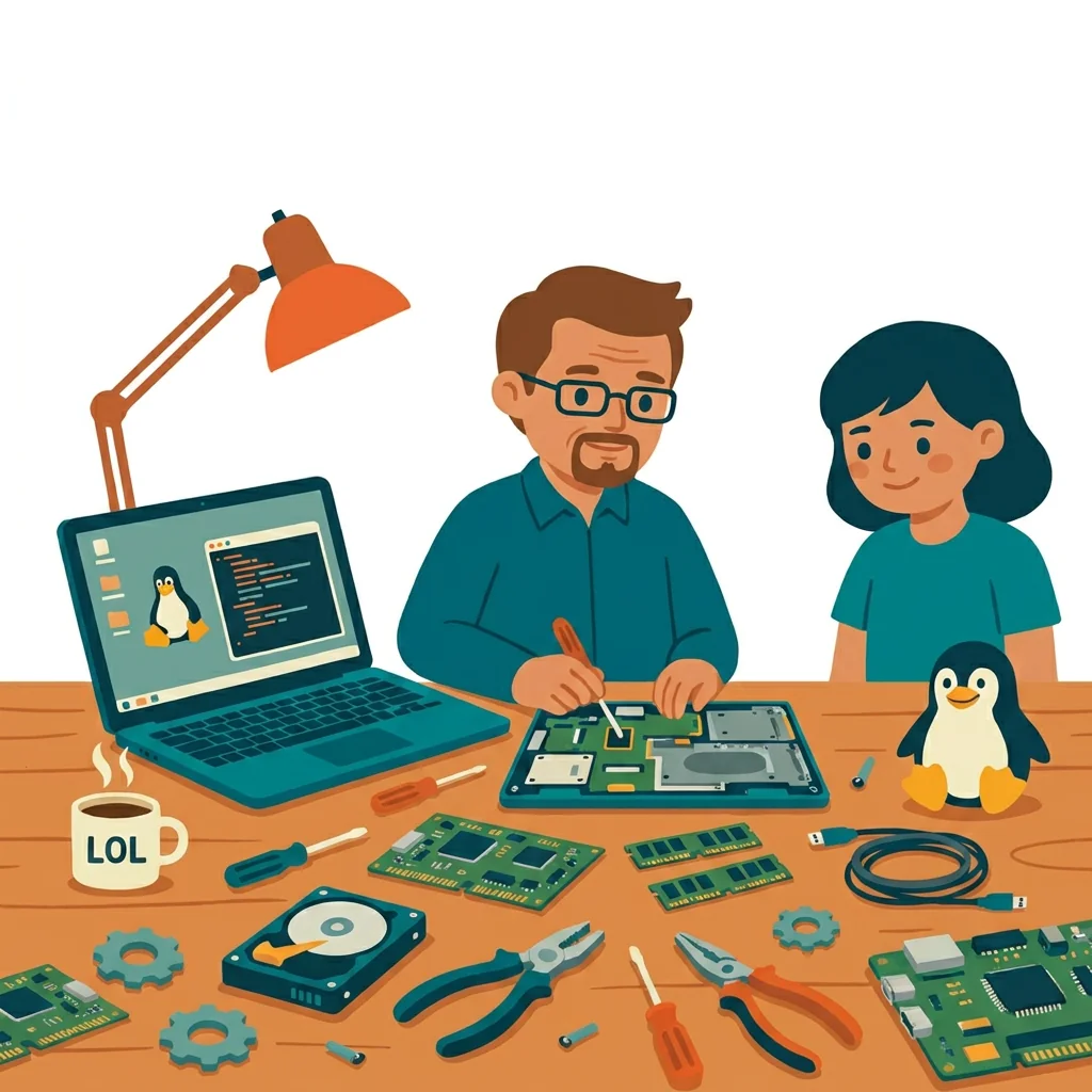 Illustration: eine Fachperson repariert an einem Werkstatt-Tisch ein Laptop-Mainboard, daneben Werkzeug, Bauteile und ein Laptop mit Linux.